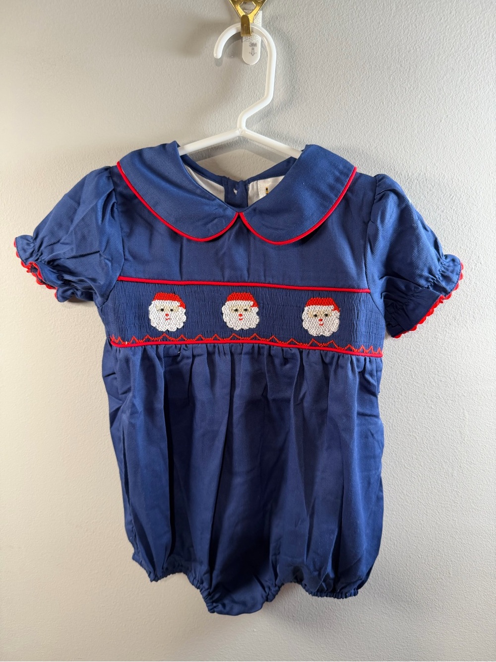 Babeeni Navy Hand Smocked Baby Girls Bubble with Santa Faces Size 2T NWT